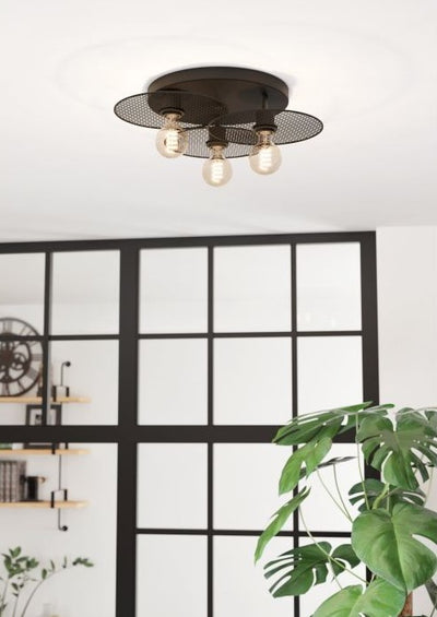 Ikeston Plafoniera lampada soffitto 3 luci in metallo nero
