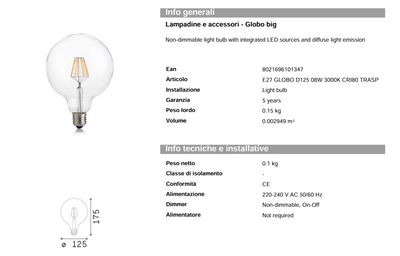 Lampadina Led GLOBO Ø125 mm 8W 860LM 3000K E27 - Ideal-Lux