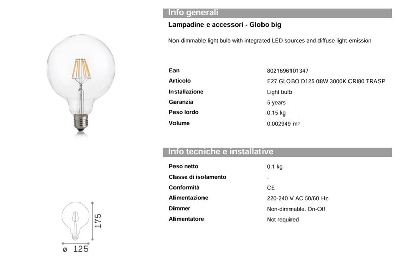 Lampadina Led GLOBO Ø125 mm 8W 860LM 3000K E27 - Ideal-Lux