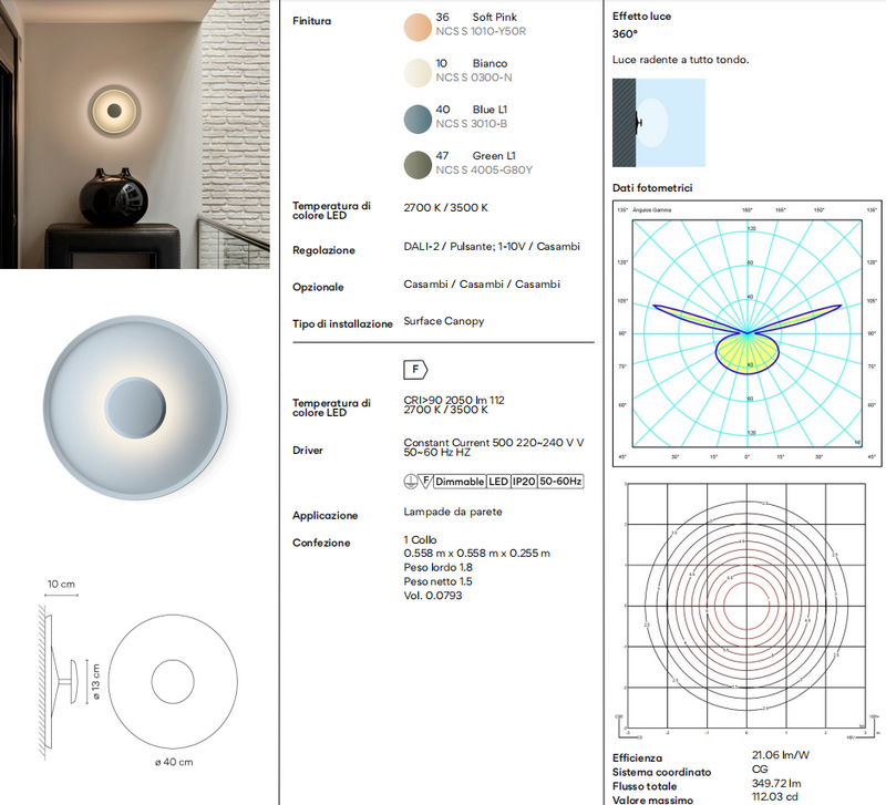Top lampada da parete soffitto led in alluminio Ø 40 cm. Bianco DALI-2