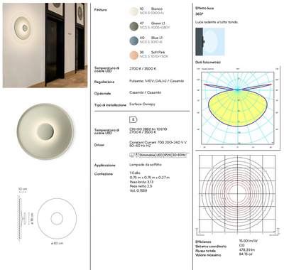 Top lampada da parete soffitto led in alluminio Ø 60 cm. Bianco Pulsante 1-10V DALI-2