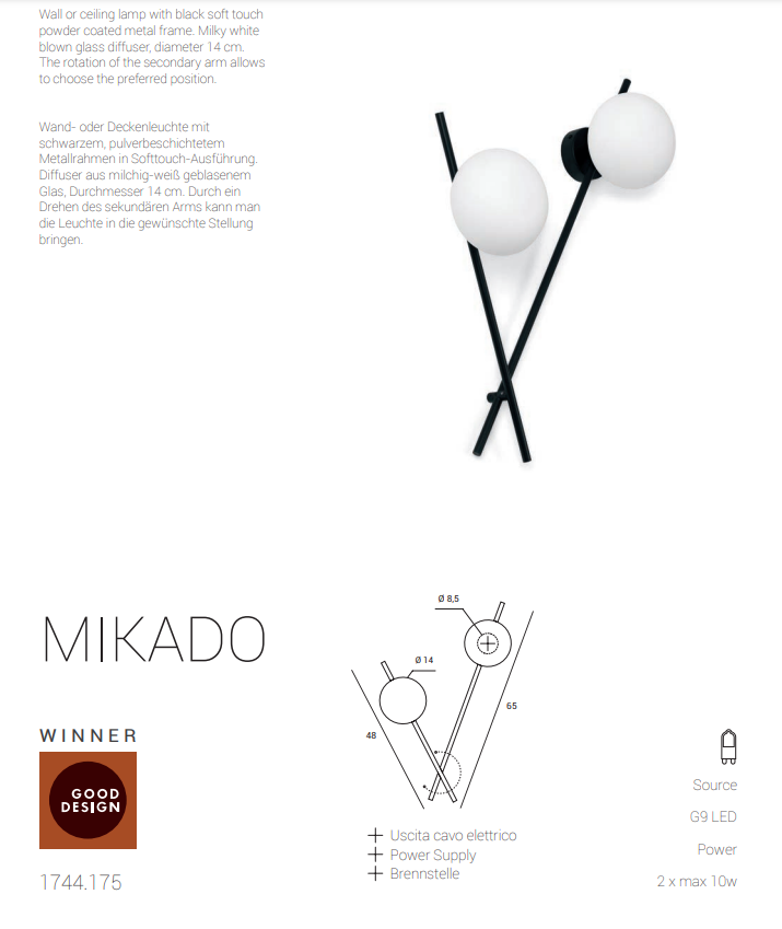 Mikado pl2 Lampada parete soffitto nero opaco con diffusore vetro bianco
