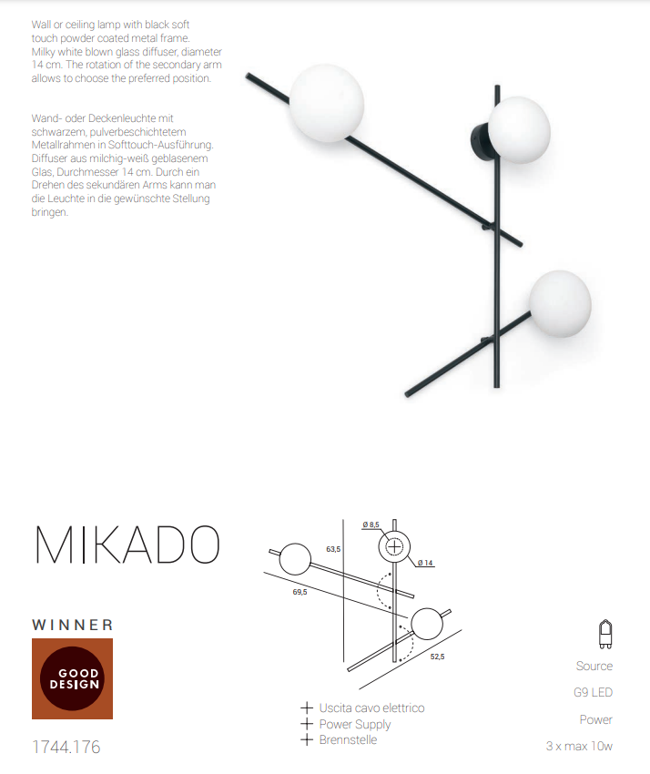 Mikado pl3 Lampada parete soffitto nero opaco con diffusore vetro bianco