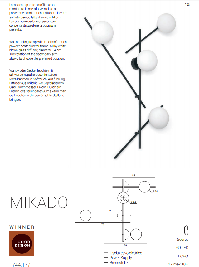 Mikado pl4 Lampada parete soffitto nero opaco con diffusore vetro bianco
