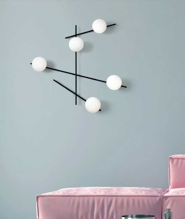 Mikado pl5 Lampada parete soffitto nero opaco con diffusore vetro bianco