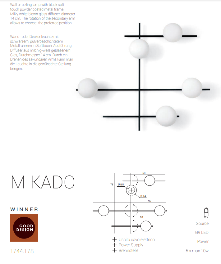 Mikado pl5 Lampada parete soffitto nero opaco con diffusore vetro bianco