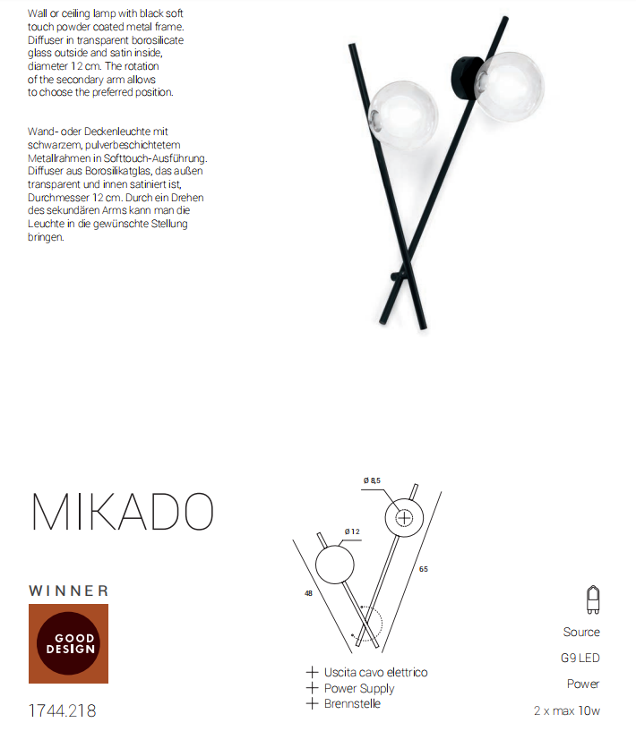 Mikado pl2 Lampada parete soffitto nero opaco con diffusore vetro borosilicato