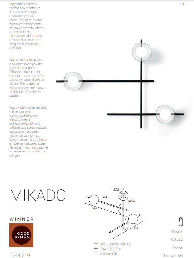 Mikado pl3 Lampada parete soffitto nero opaco con diffusore vetro borosilicato