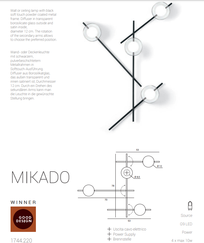 Mikado pl4 Lampada parete soffitto nero opaco con diffusore vetro borosilicato