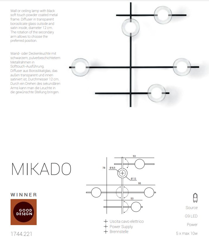 Mikado pl5 Lampada parete soffitto nero opaco con diffusore vetro borosilicato