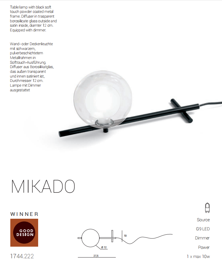 Mikado Lampada tavolo nero opaco con diffusore vetro borosilicato