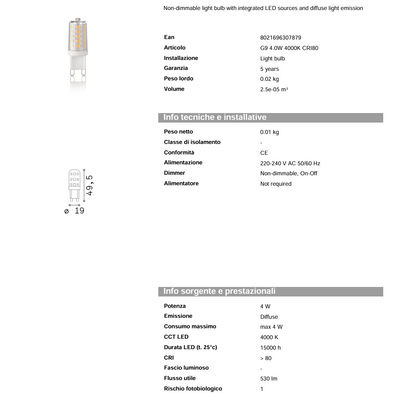 Lampadina LED G9 4W 530lm 4000K - Ideal-Lux