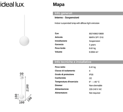 Mapa Bianco sp1 d10 Sospensione sfera in vetro Ø10 cm.