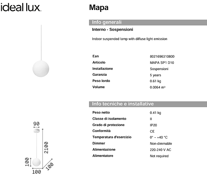 Mapa Bianco sp1 d10 Sospensione sfera in vetro Ø10 cm.