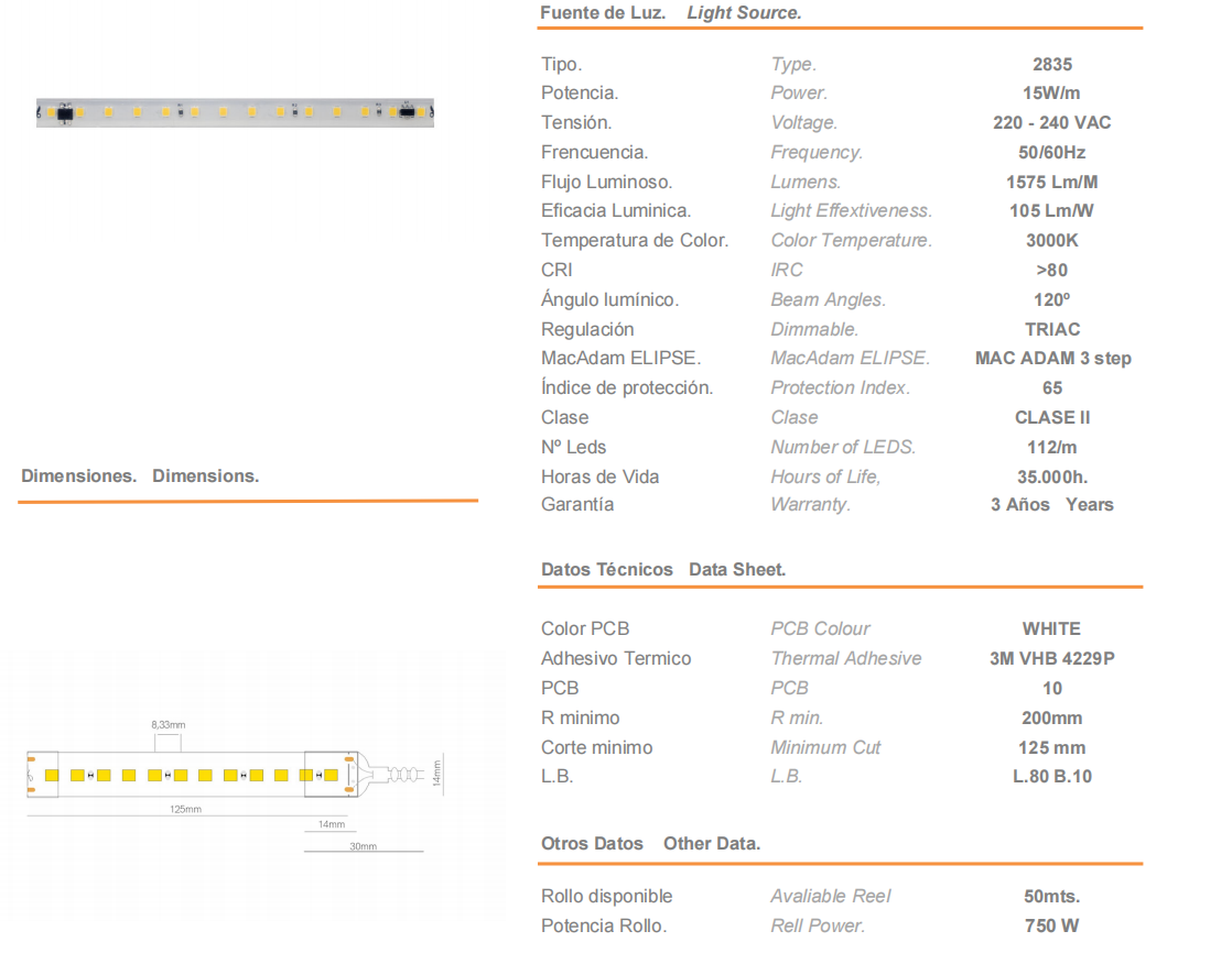 Strip LED FINE-32 CHIP 2835 230VAC 15W/M 3000K IP65 - 50 mt.