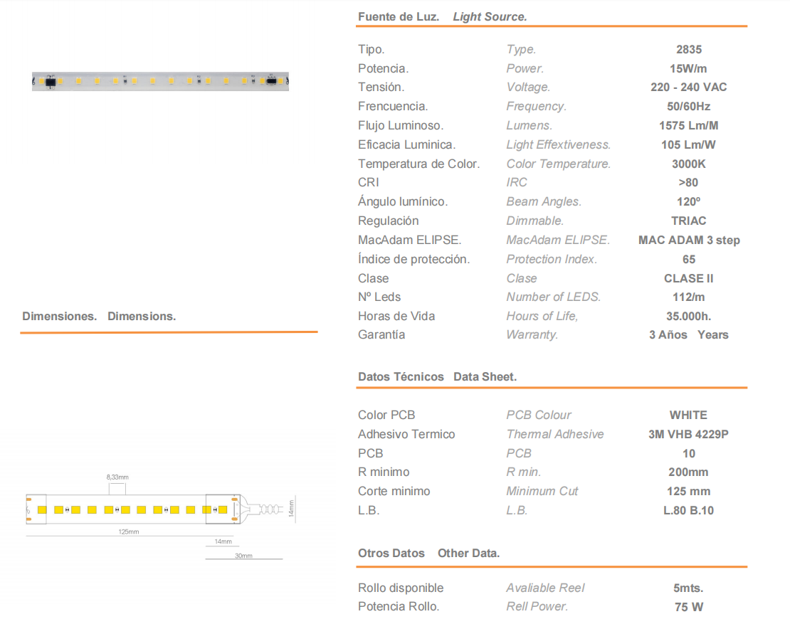 Strip LED FINE-32 CHIP 2835 230VAC 15W/M 3000K IP65 - 5 mt.
