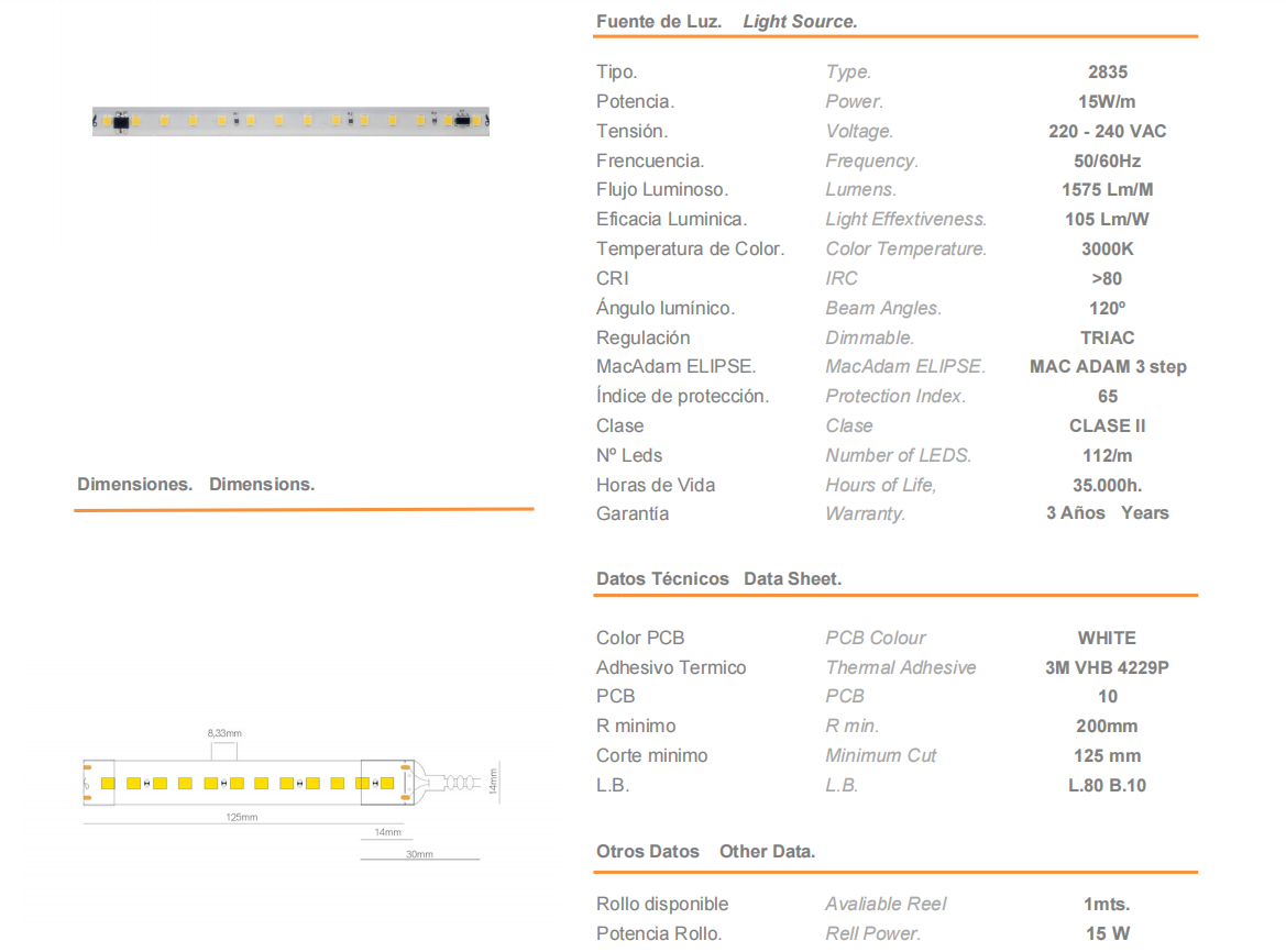 Strip LED FINE-32 CHIP 2835 230VAC 15W/M 3000K IP65 - 1 mt.