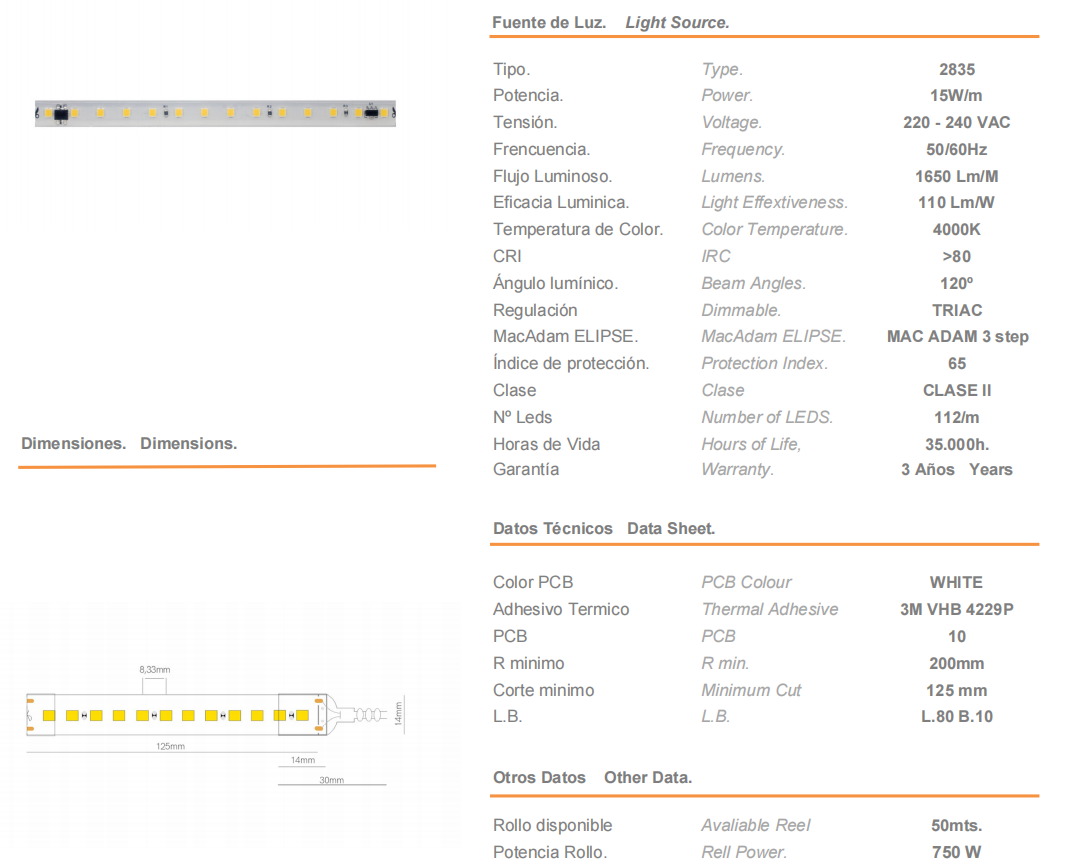 Strip LED FINE-32 CHIP 2835 230VAC 15W/M 4000K IP65 - 50 mt.