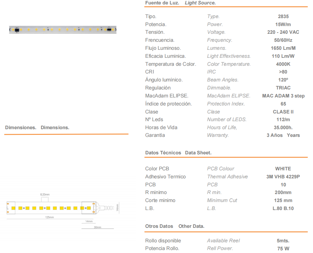Strip LED FINE-32 CHIP 2835 230VAC 15W/M 4000K IP65 - 5 mt.