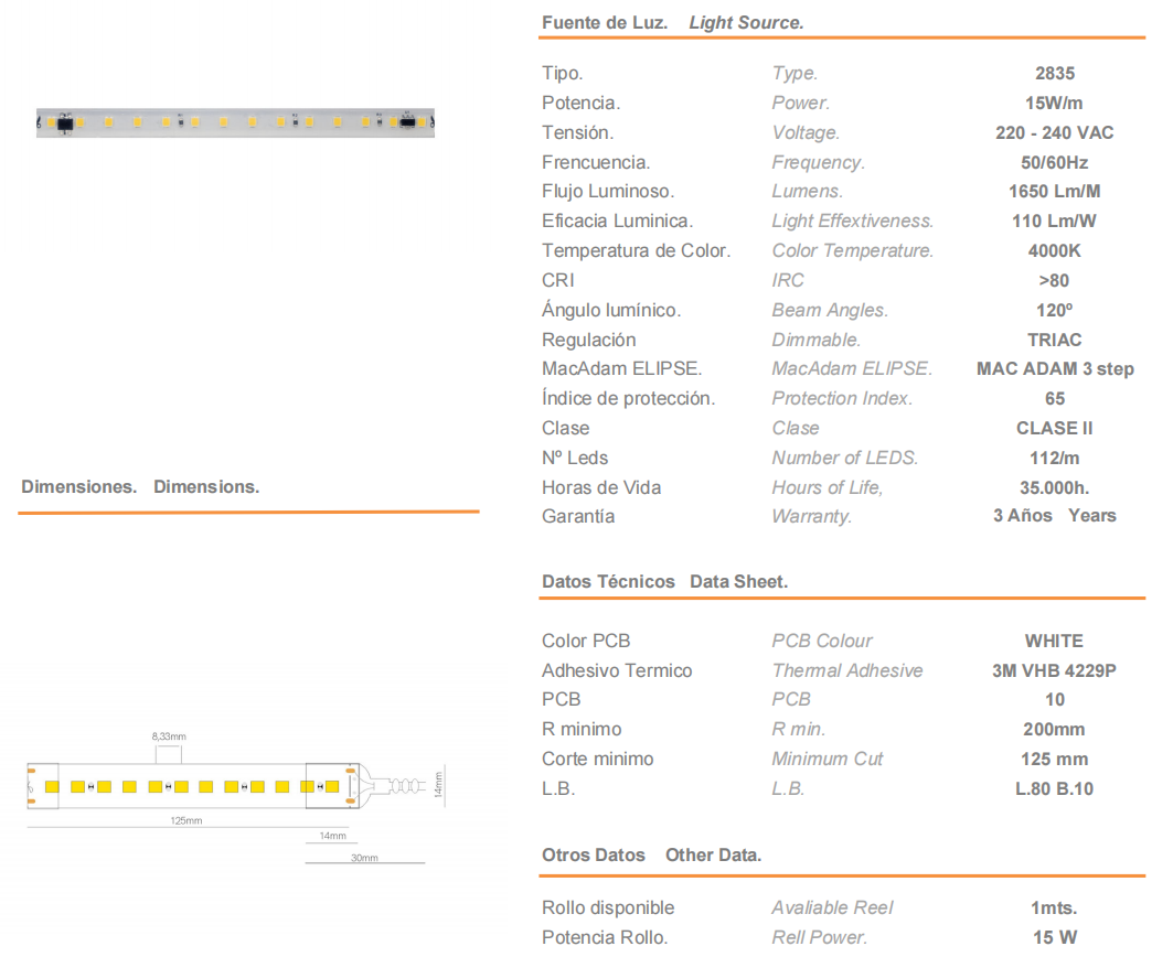 Strip LED FINE-32 CHIP 2835 230VAC 15W/M 4000K IP65 - 1 mt.
