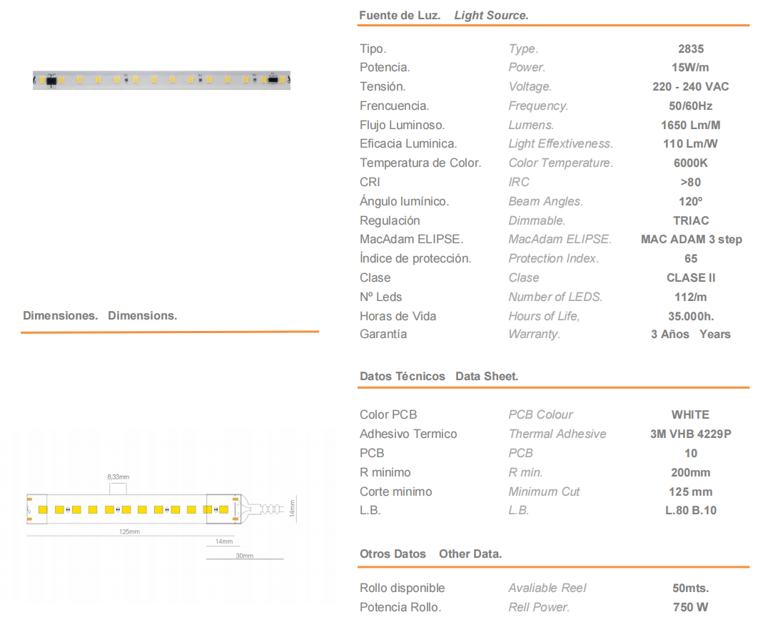 Strip LED FINE-32 CHIP 2835 230VAC 15W/M 6000K IP65 - 50 mt.