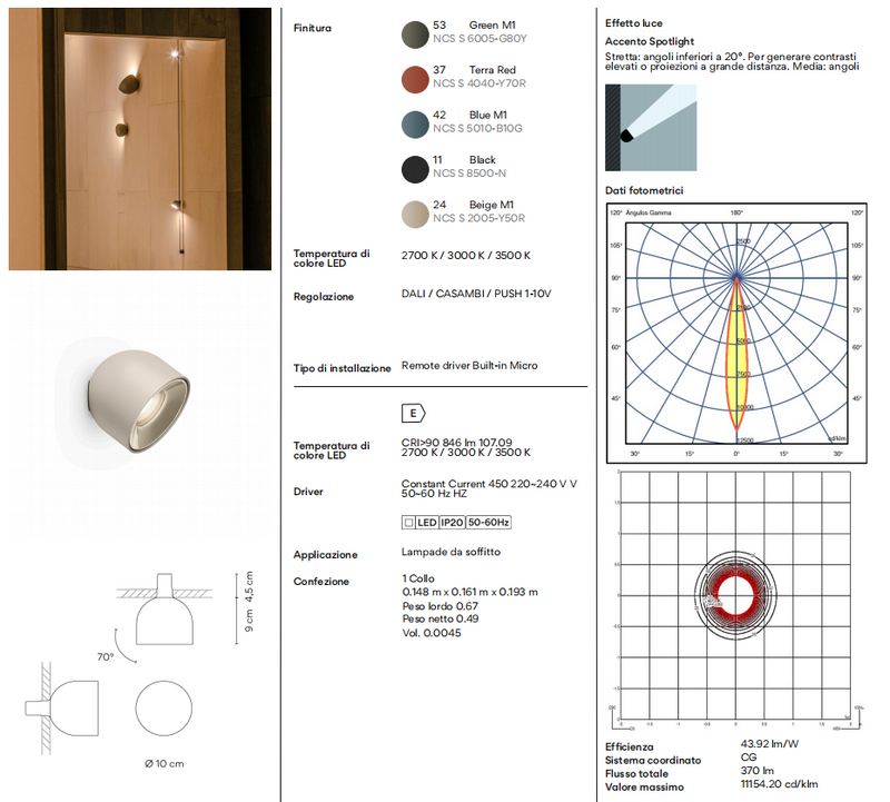 Plusminus Solo spot-light led Ø10 cm. con ottica stretta orientabile On/Off Terra Red