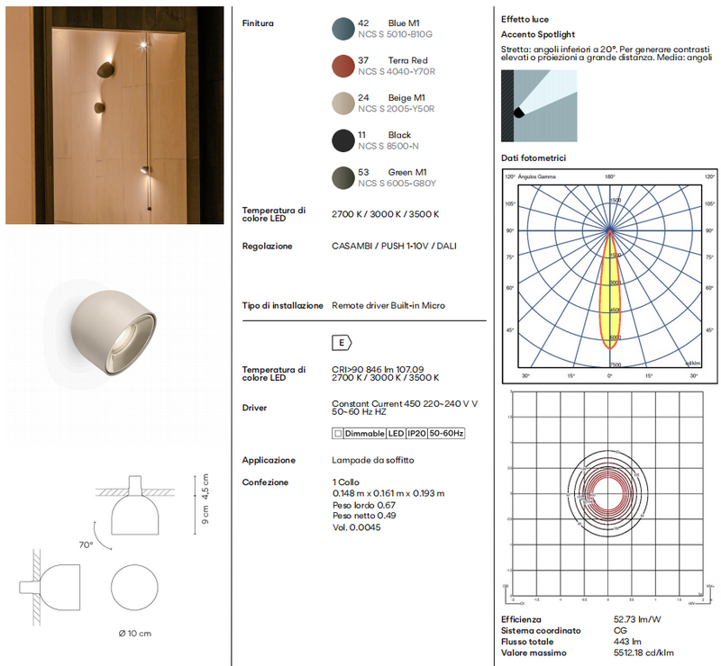Plusminus Solo spot-light led Ø10 cm. con ottica media orientabile On/Off Green