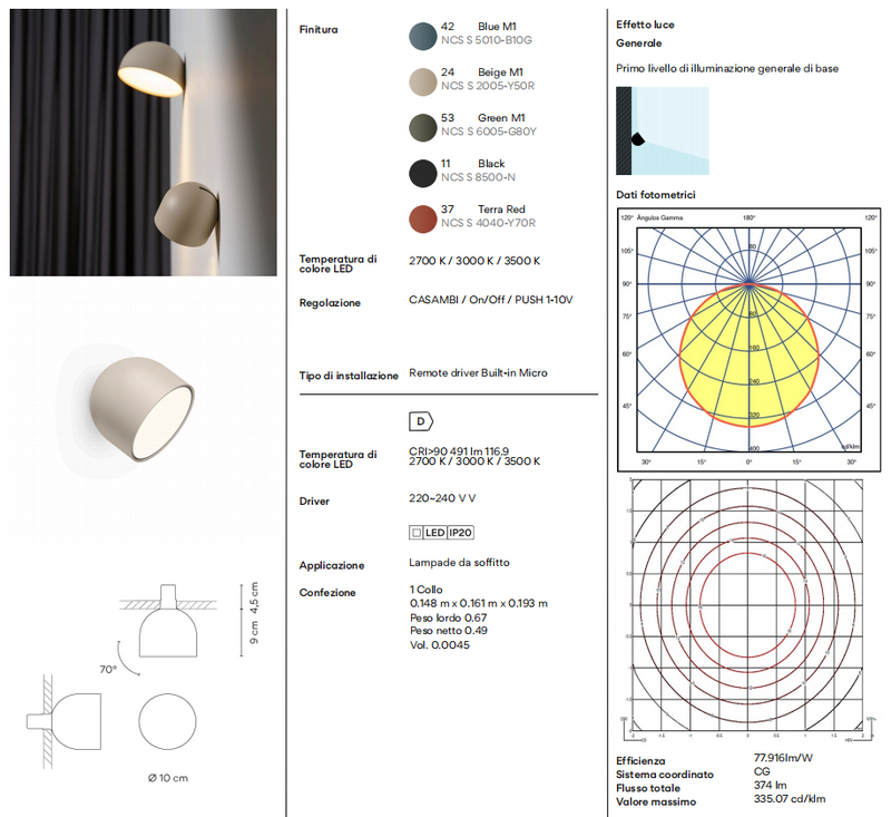Plusminus Solo spot-light led Ø10 cm. con ottica diffusa orientabile On/Off Blue
