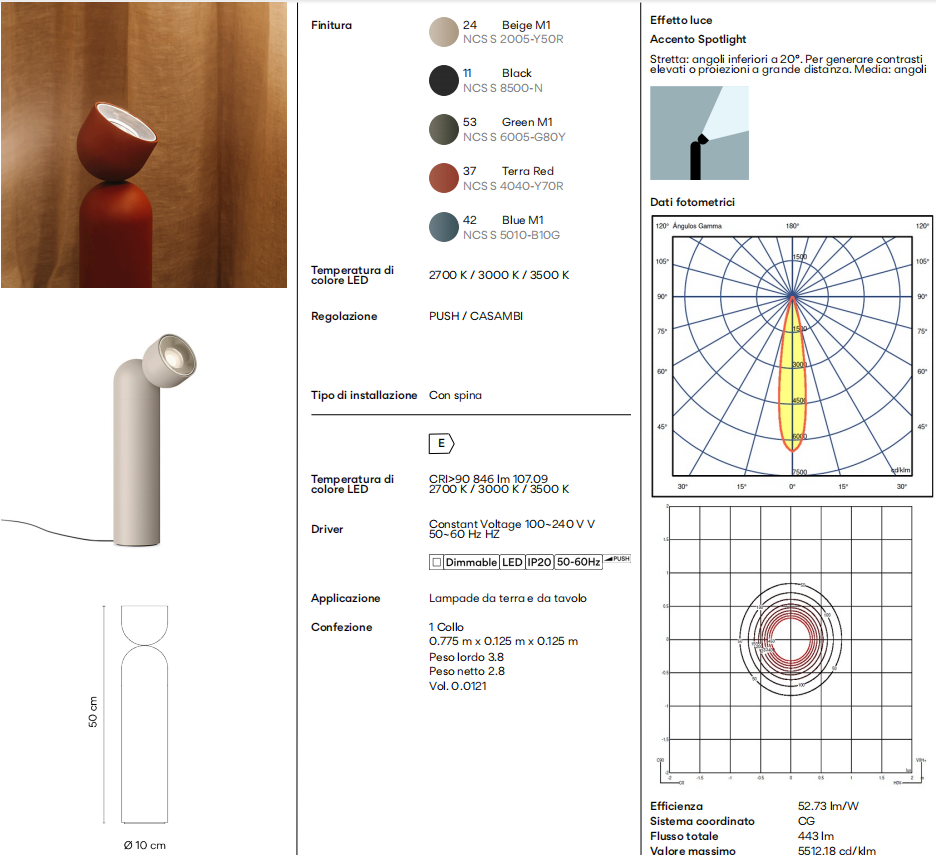 Plusminus Solo lampada terra spot-light led Ø10 cm. con ottica media orientabile Casambi Blue