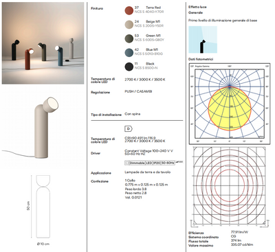 Plusminus Solo lampada terra spot-light led Ø10 cm. con ottica diffusa orientabile Push Blackk