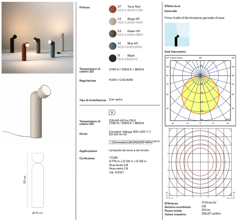 Plusminus Solo lampada terra spot-light led Ø10 cm. con ottica diffusa orientabile Push Blackk