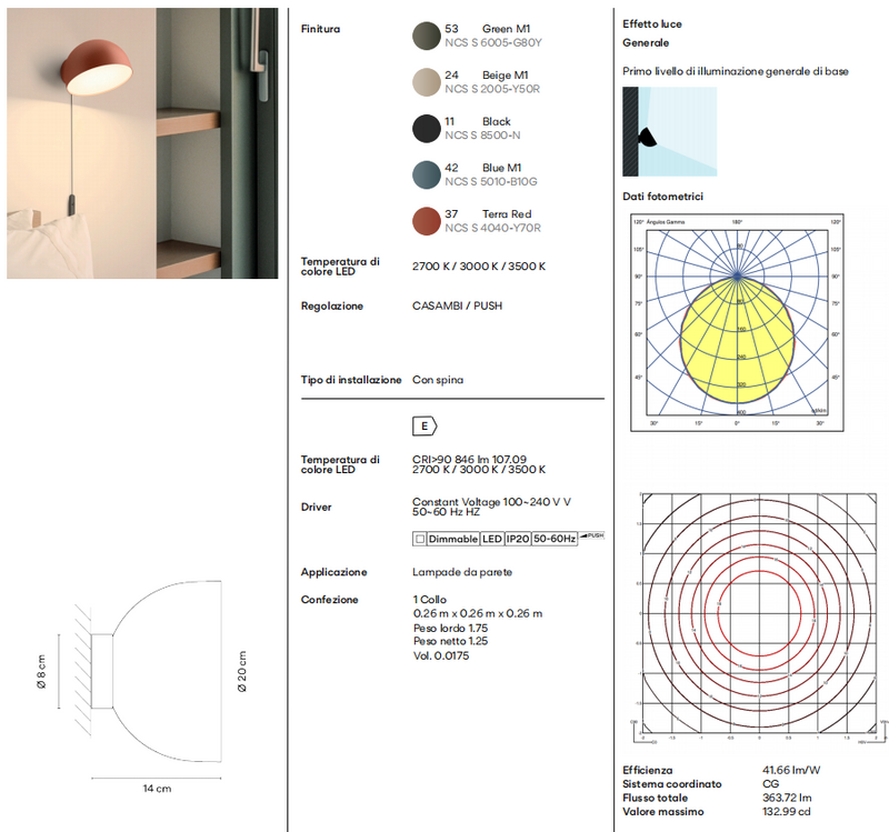 Plusminus Solo spot-light led Ø20 cm. con spina ottica diffusa orientabile Push Terra Red