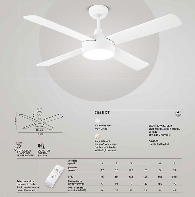 7179 B CT ORIONE Ventilatore soffitto bianco con luce led