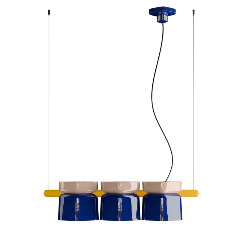 Yakitori C2790 lampadario sospensione 3 luci in ceramica decorata grigio blu