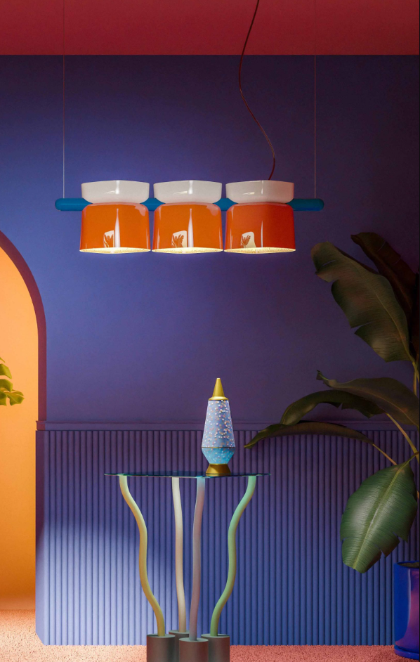 Yakitori C2790 lampadario sospensione 3 luci in ceramica decorata crema azzurro