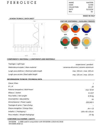 Yakitori C2790 lampadario sospensione 3 luci in ceramica decorata crema azzurro