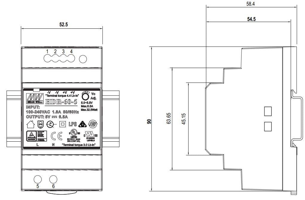 Mean Well Alimentatore barra din 48V DC 60W