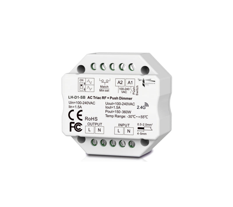 Dimmer a 1 canale per la gestione di carichi in tensione alternata o triac RF e/o taglio di fase