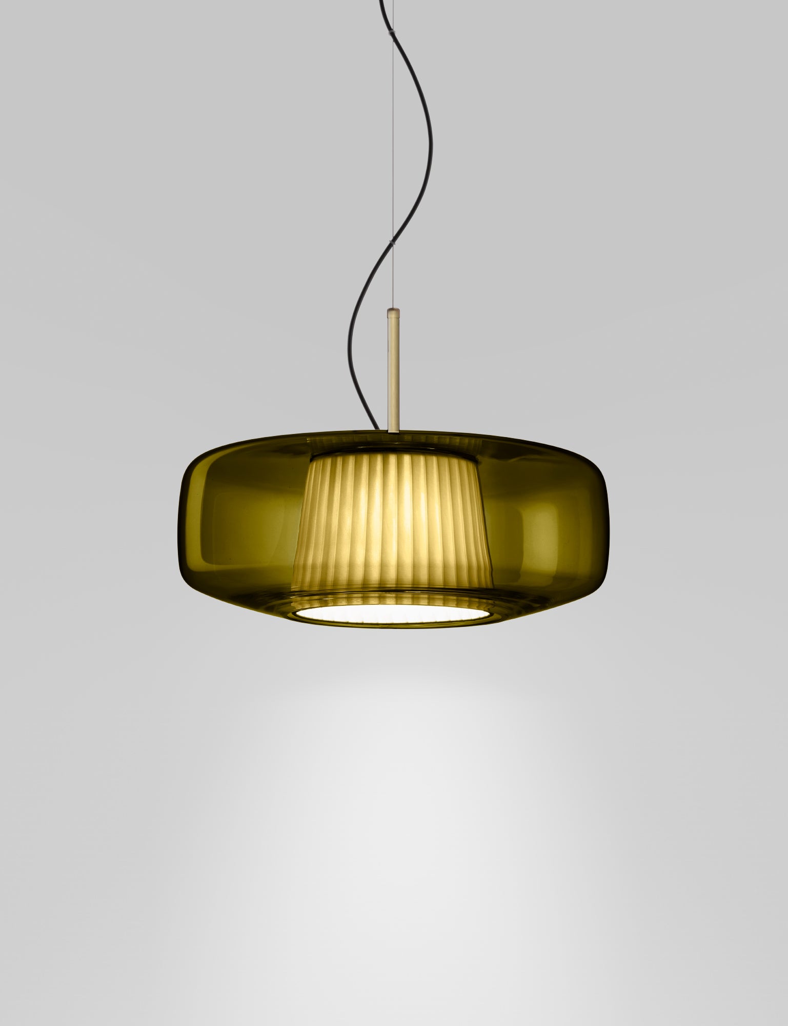 Plissè SP G Lampadario sospensione LED in vetro soffiato verde antico e tessuto