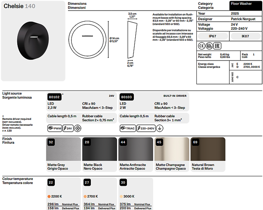 Chelsie 140 24V Applique Led lampada da parete IP67 grigio opaco