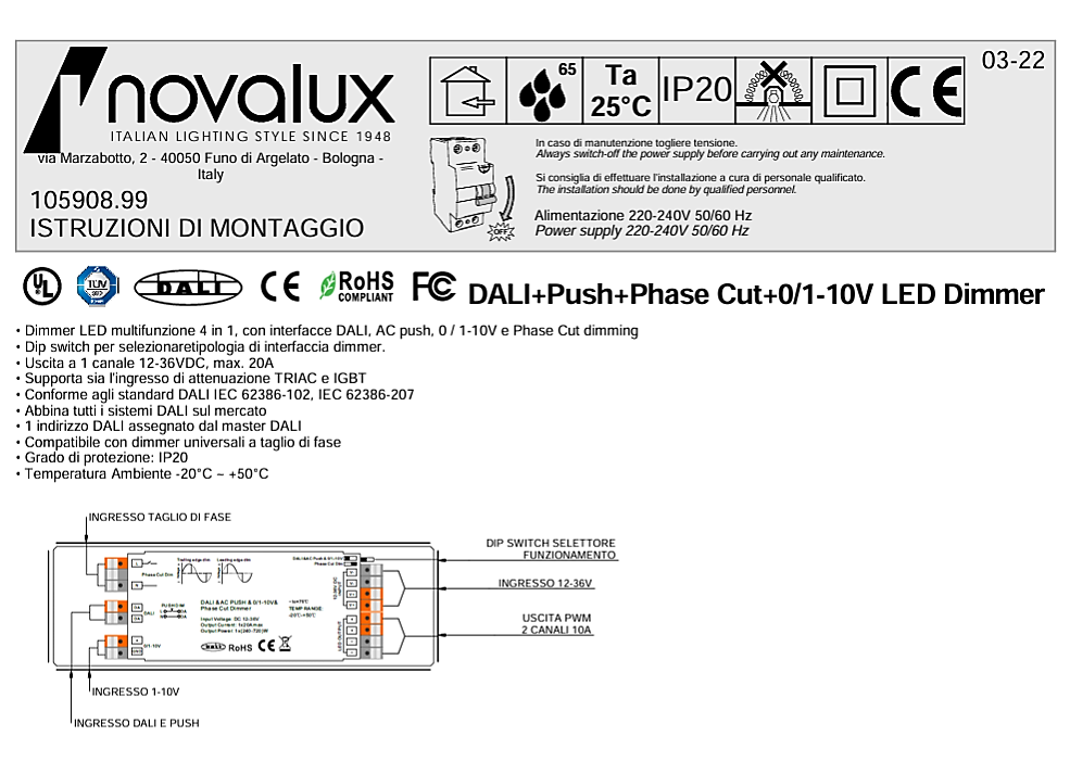 Interfaccia Dali Push 0-10V 1-10V 24V per profilo per Strip LED
