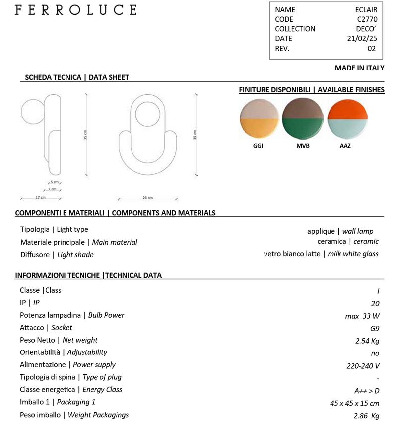 Eclair C2770 lampada parete ceramica decorata arancio volpe azzurro e vetro