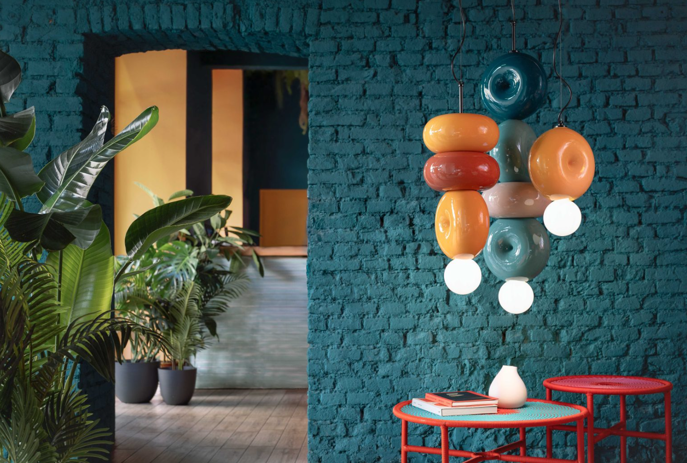 Bumbum C2764 lampadario sospensione ceramica decorata verde turchese grigio turchese