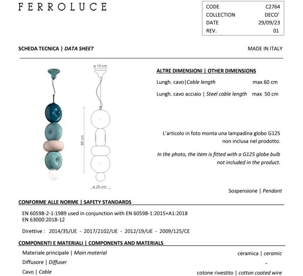 Bumbum C2764 lampadario sospensione ceramica decorata verde turchese grigio turchese