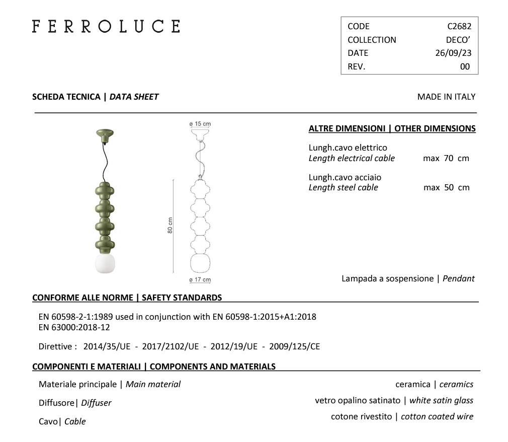 Copacabana C2682 lampadario sospensione ceramica decorata verde
