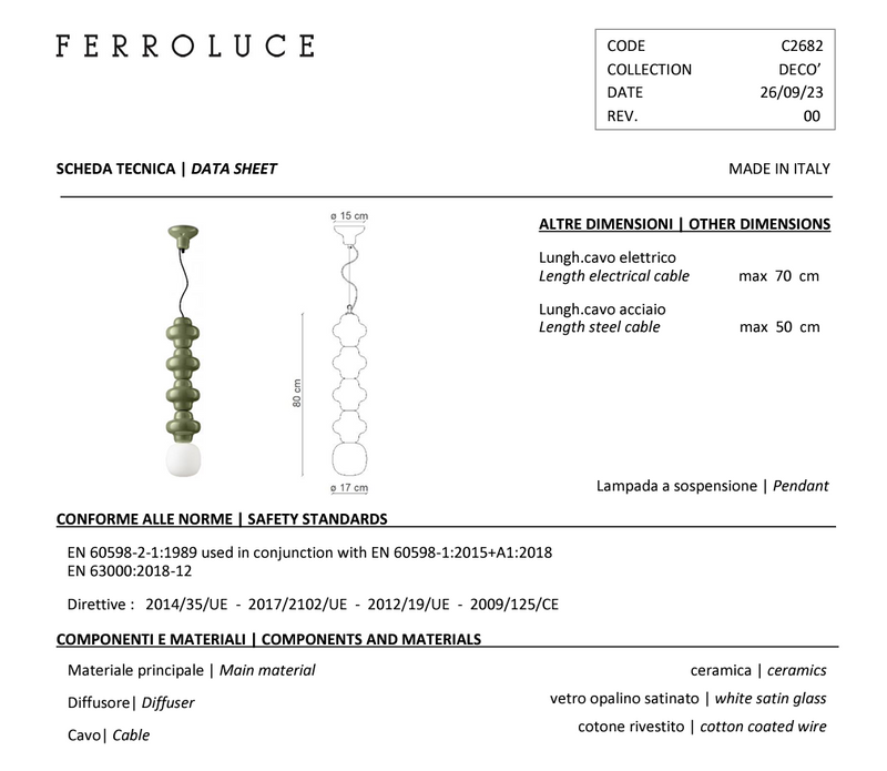 Copacabana C2682 lampadario sospensione ceramica decorata giallo