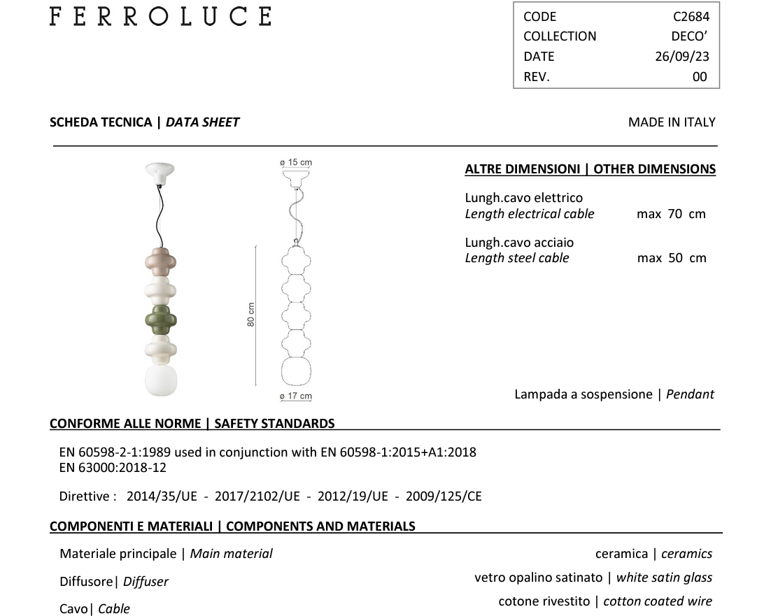 Copacabana C2684 lampadario sospensione ceramica decorata grigio crema verde
