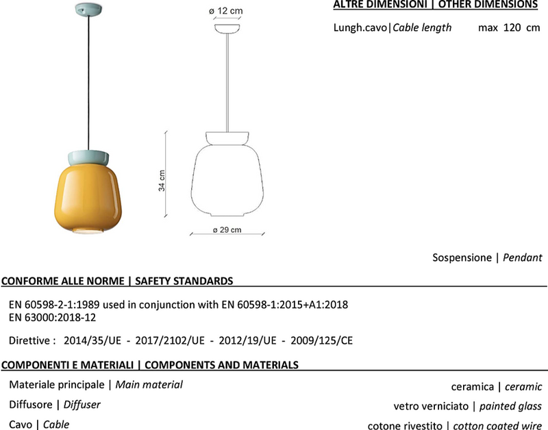 Corcovado C2740 lampadario sospensione ceramica azzurro vetro giallo lucido