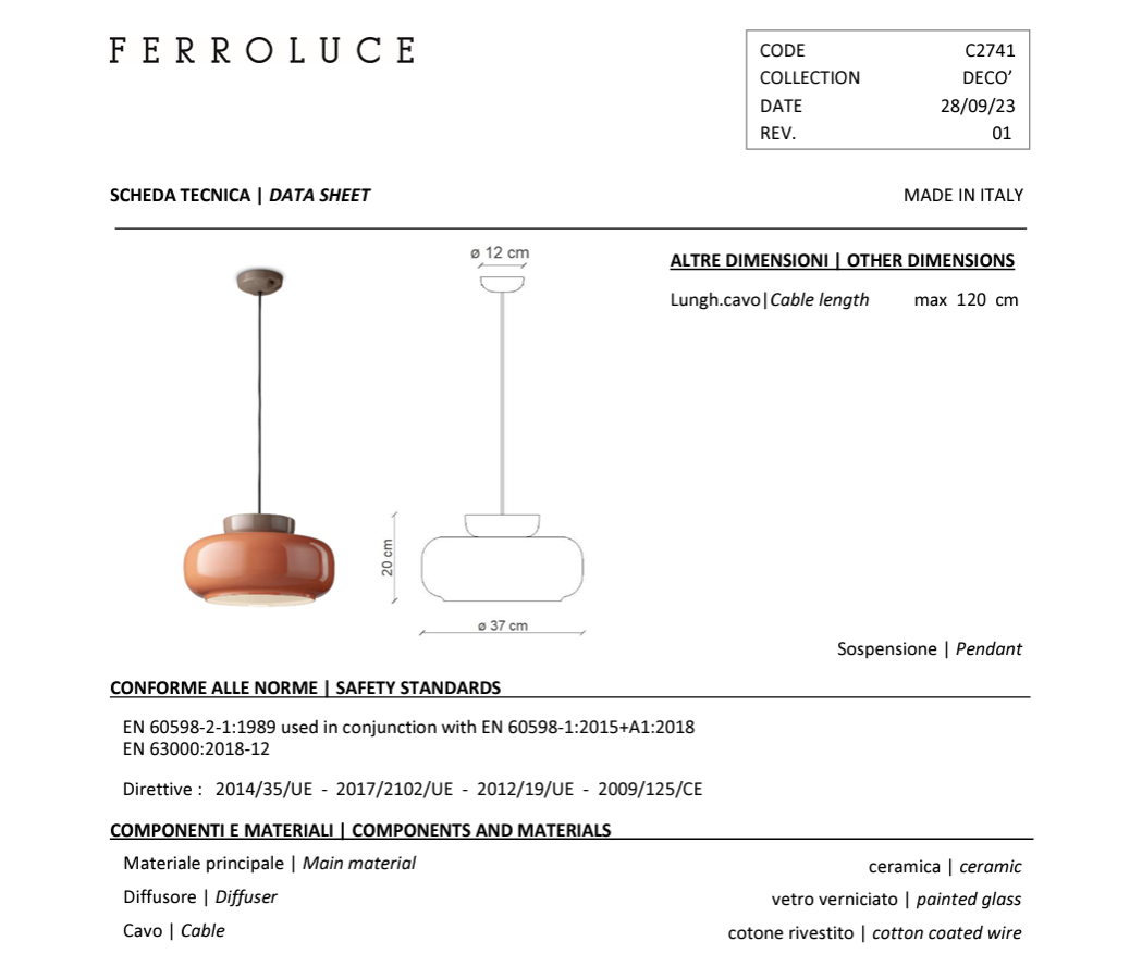 Maracanà C2741 lampadario sospensione ceramica moka vetro arancio lucido