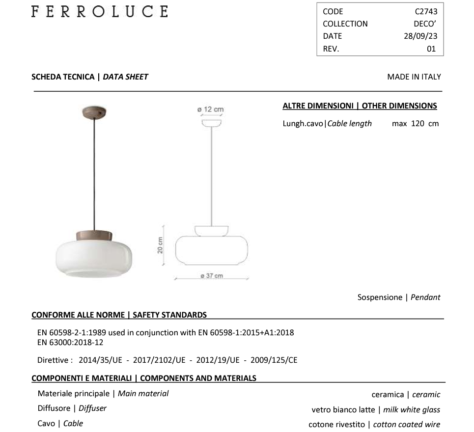 Maracanà C2743 lampadario sospensione ceramica blu vetro bianco lucido